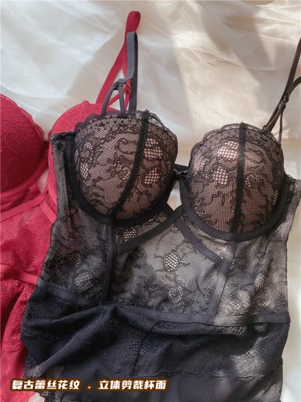 Ladies underwear gathered thickened bra sexy lace transparent sling one-piece suit hollow beautiful back retro fish bone bodysui - Image 5