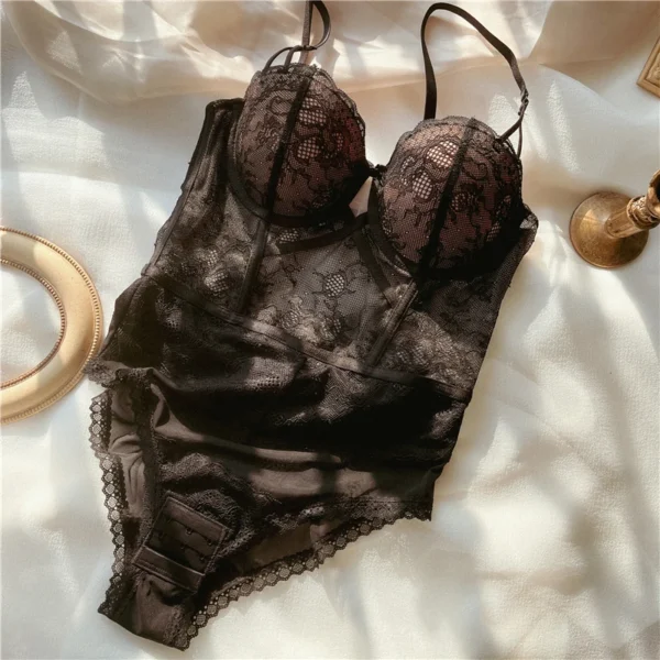 Ladies underwear gathered thickened bra sexy lace transparent sling one-piece suit hollow beautiful back retro fish bone bodysui - Image 3