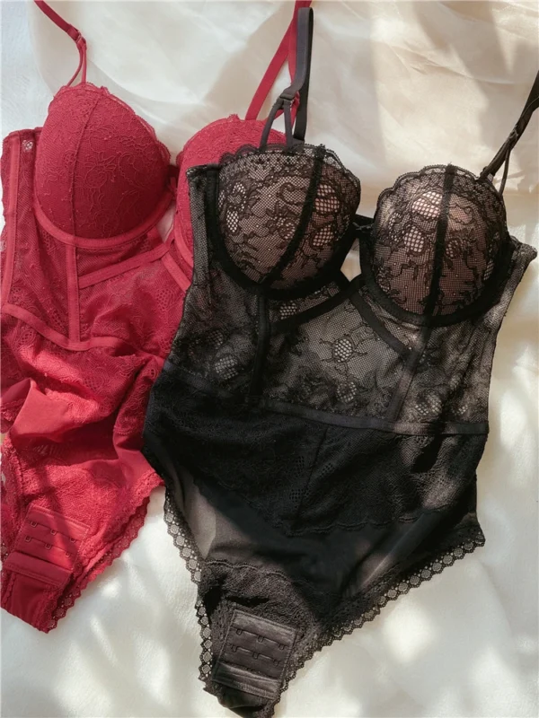 Ladies underwear gathered thickened bra sexy lace transparent sling one-piece suit hollow beautiful back retro fish bone bodysui - Image 2