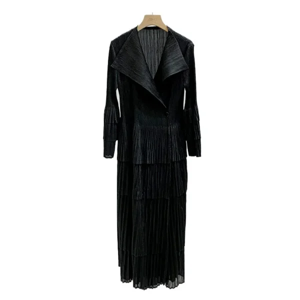 Miyake Pleated Loose Ruffle Lace Up Waist Women's Dress Fashion Polo Neck Black Robe Coat Women Clothing - Image 5