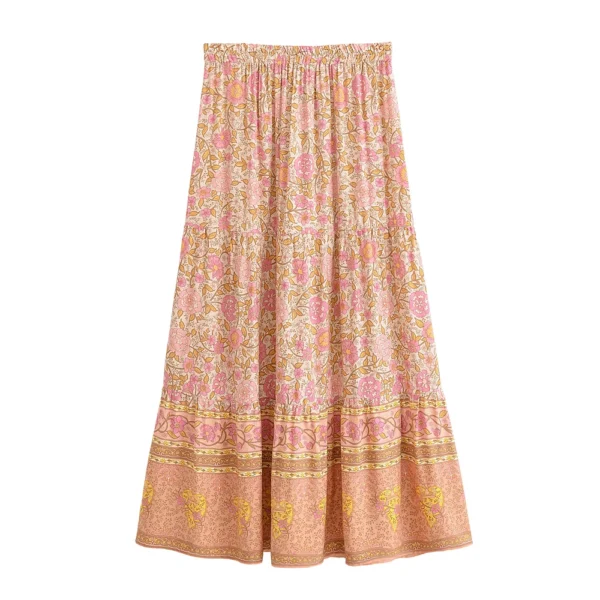 Boho Queens Vintage Women Pink Floral High Elastic Waist Vacation Beach Bohemian Skirt Ladies Maxi A-Line Boho Skirts - Image 2