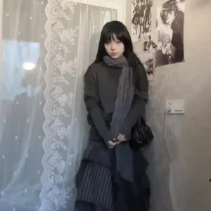 ReddaChic Alt Goth Contrast Plaid Skirt Grunge Retro Elastic Waist Raw Edge Irregular Ruffle Long Skirt Plus Size Women Clothes