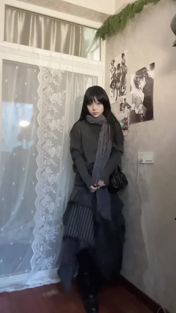 ReddaChic Alt Goth Contrast Plaid Skirt Grunge Retro Elastic Waist Raw Edge Irregular Ruffle Long Skirt Plus Size Women Clothes