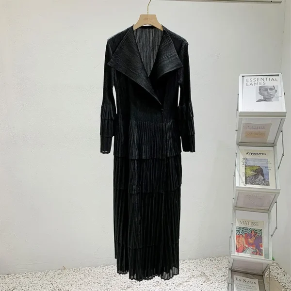 Miyake Pleated Loose Ruffle Lace Up Waist Women's Dress Fashion Polo Neck Black Robe Coat Women Clothing - Image 4