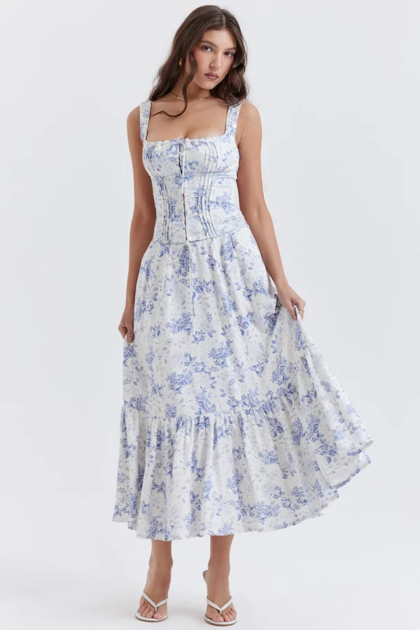 Suninheart Summer Blue Floral Print Dress Set Elegant Midi 2 Pieces Dress Set for Holiday Party Ruffle Women Dresses 2023 - Image 2