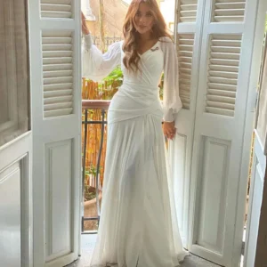 Chiffon Pleat Formal Occasion Dresses 2025 V-Neck Full Sleeves Long Party Dress Mermaid Ivory Evening Gowns فساتين مناسبة رسمية