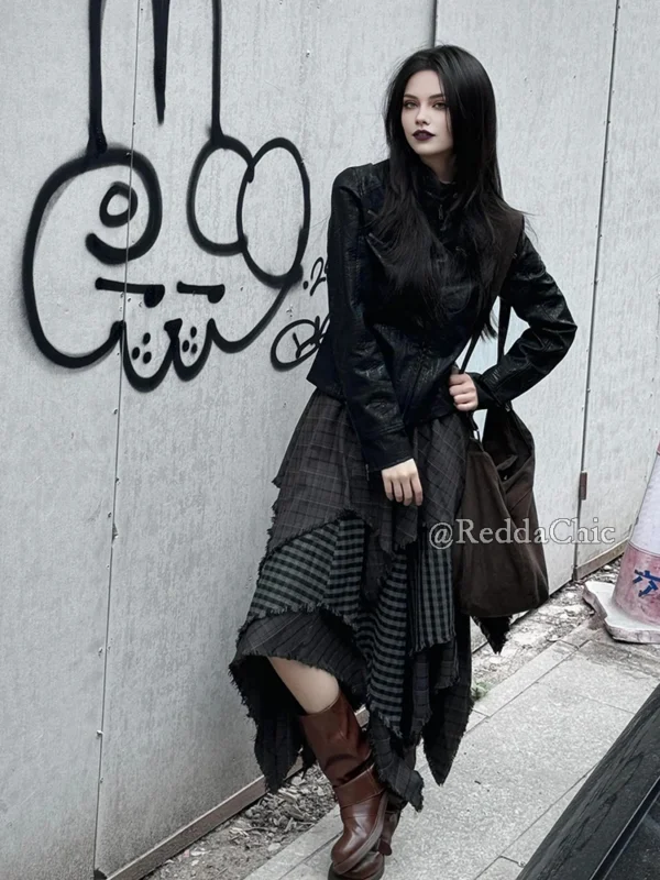 ReddaChic Alt Goth Contrast Plaid Skirt Grunge Retro Elastic Waist Raw Edge Irregular Ruffle Long Skirt Plus Size Women Clothes - Image 5