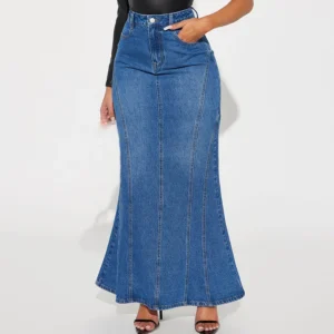Denim Long Skirt Women Solid Color A Line Stretchy Skirts Casual Pocket Zipper Fly Vintage High Waist 2024 Female Streetwear