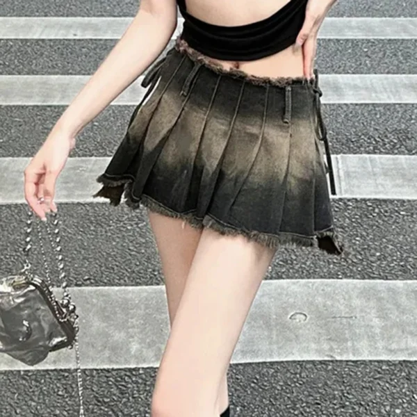 Gidyq Fashion Irregular Jeans Skirts Vintage Female Casual Tassel Mini Skirts Summer All Match Gradient Lace Up Pleated Skirts - Image 4