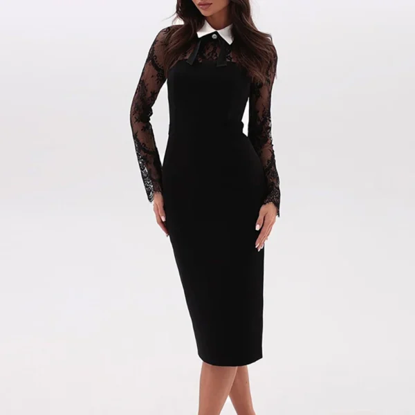 2025 Spring Women's Lapel Long Sleeved A-line Dress Fashion High Waist Wrap Hip Dress Mujer Sexy Lace Patchwork Slim Party Dress - Image 4