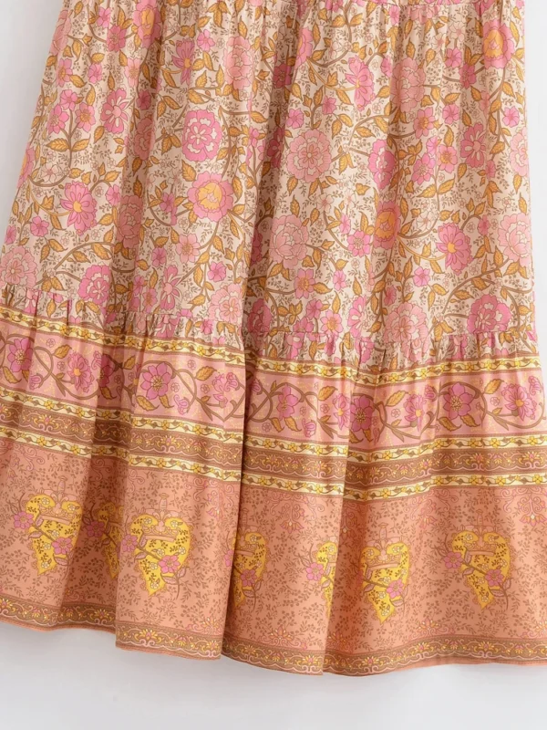 Boho Queens Vintage Women Pink Floral High Elastic Waist Vacation Beach Bohemian Skirt Ladies Maxi A-Line Boho Skirts - Image 4