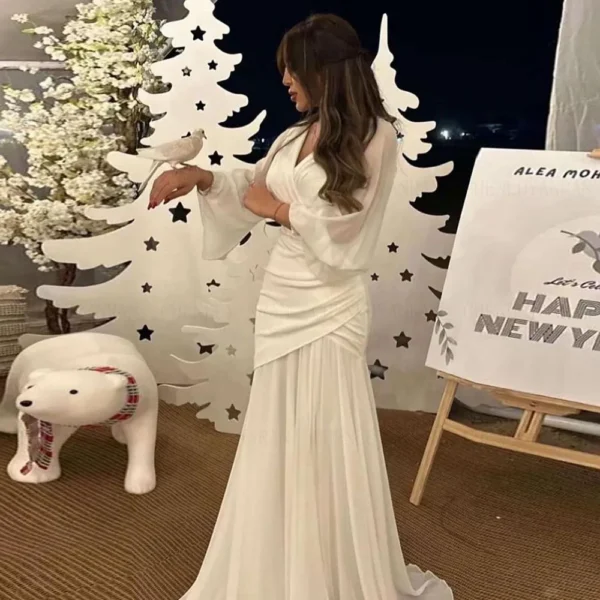 Chiffon Pleat Formal Occasion Dresses 2025 V-Neck Full Sleeves Long Party Dress Mermaid Ivory Evening Gowns فساتين مناسبة رسمية - Image 2