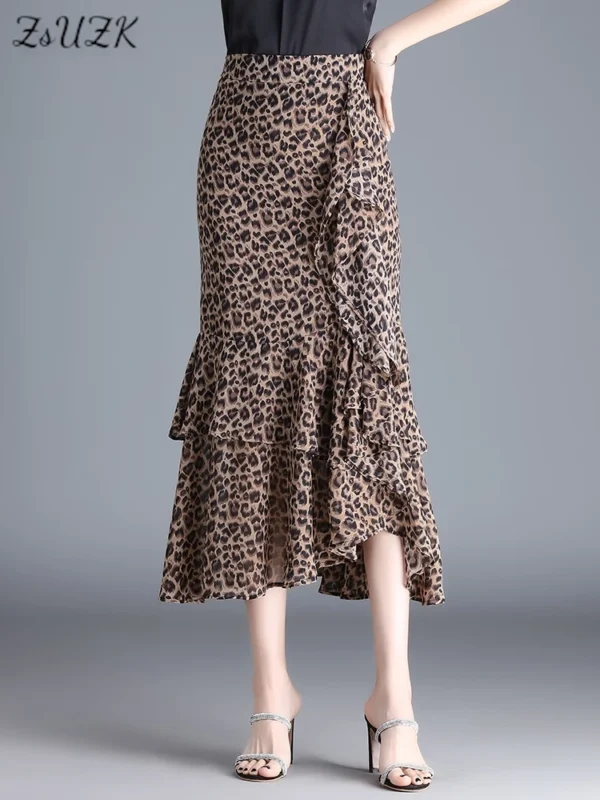 ZUZK Leopard Print Irregular Fishtail Chiffon Skirts Elegant High Waist Summer Luxury Party Skirt Female Ruffles Long Skirts - Image 2