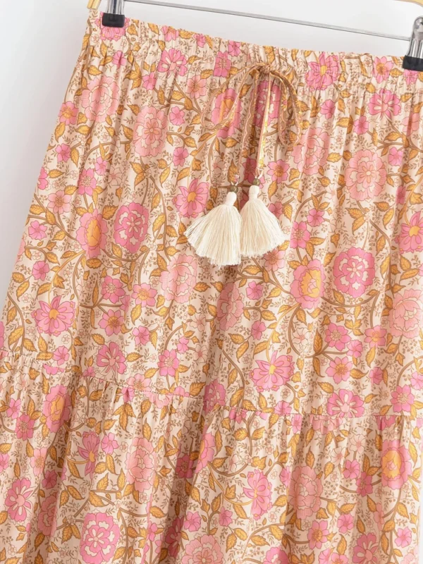 Boho Queens Vintage Women Pink Floral High Elastic Waist Vacation Beach Bohemian Skirt Ladies Maxi A-Line Boho Skirts - Image 3