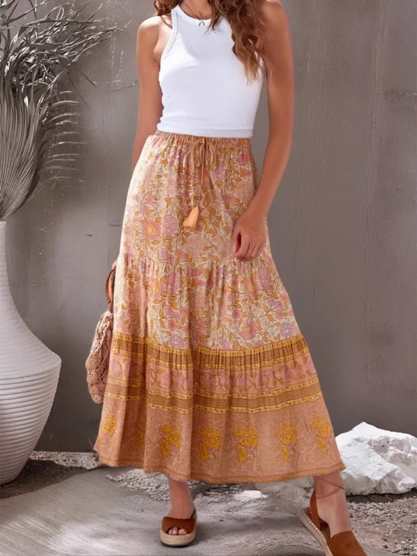 Boho Queens Vintage Women Pink Floral High Elastic Waist Vacation Beach Bohemian Skirt Ladies Maxi A-Line Boho Skirts - Image 6