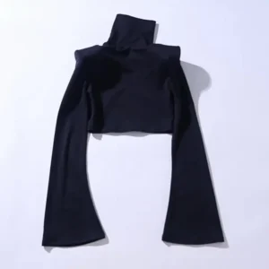 Women's Black Turtleneck Short Tops, Women Clothes, Flare, Long Sleeve, Slim Patchwork, Shoulder Pad Tshirt