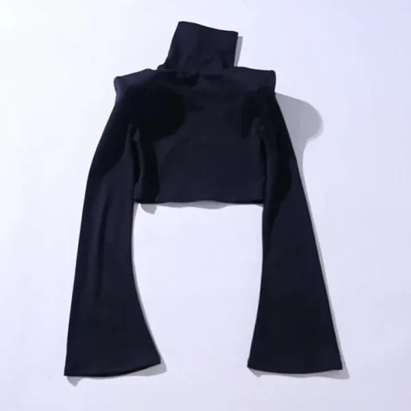 Women's Black Turtleneck Short Tops, Women Clothes, Flare, Long Sleeve, Slim Patchwork, Shoulder Pad Tshirt