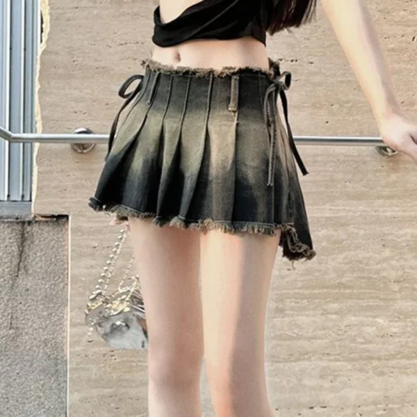 Gidyq Fashion Irregular Jeans Skirts Vintage Female Casual Tassel Mini Skirts Summer All Match Gradient Lace Up Pleated Skirts - Image 3