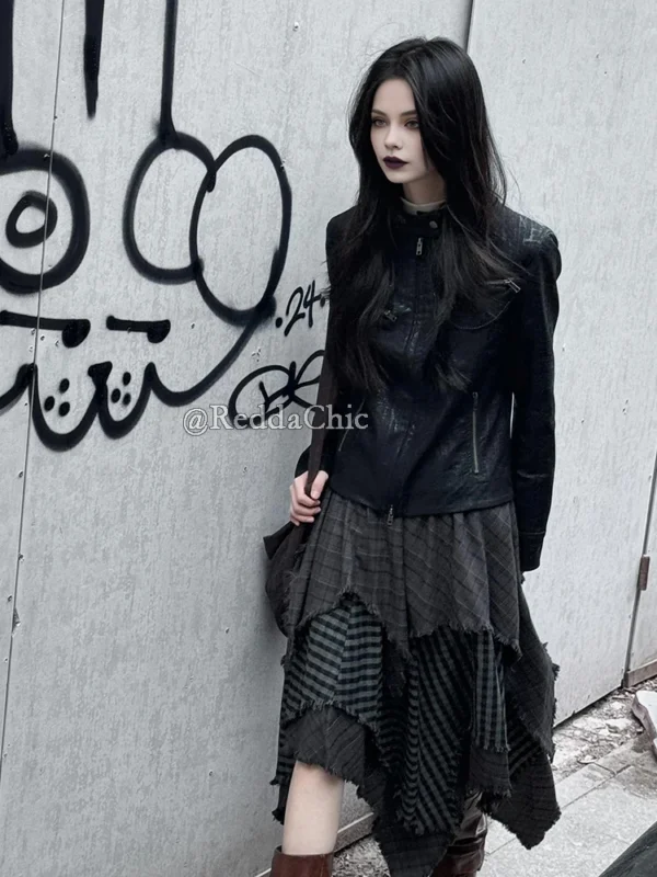 ReddaChic Alt Goth Contrast Plaid Skirt Grunge Retro Elastic Waist Raw Edge Irregular Ruffle Long Skirt Plus Size Women Clothes - Image 4