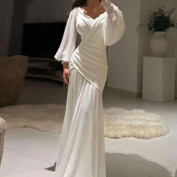 Chiffon Pleat Formal Occasion Dresses 2025 V-Neck Full Sleeves Long Party Dress Mermaid Ivory Evening Gowns فساتين مناسبة رسمية - Image 3