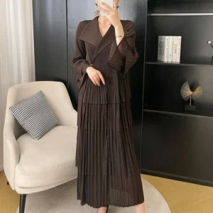 Miyake Pleated Loose Ruffle Lace Up Waist Women's Dress Fashion Polo Neck Black Robe Coat Women Clothing