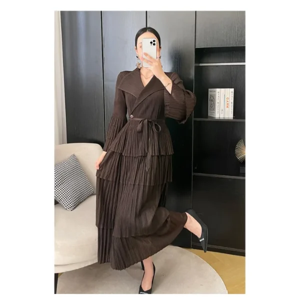 Miyake Pleated Loose Ruffle Lace Up Waist Women's Dress Fashion Polo Neck Black Robe Coat Women Clothing - Image 6