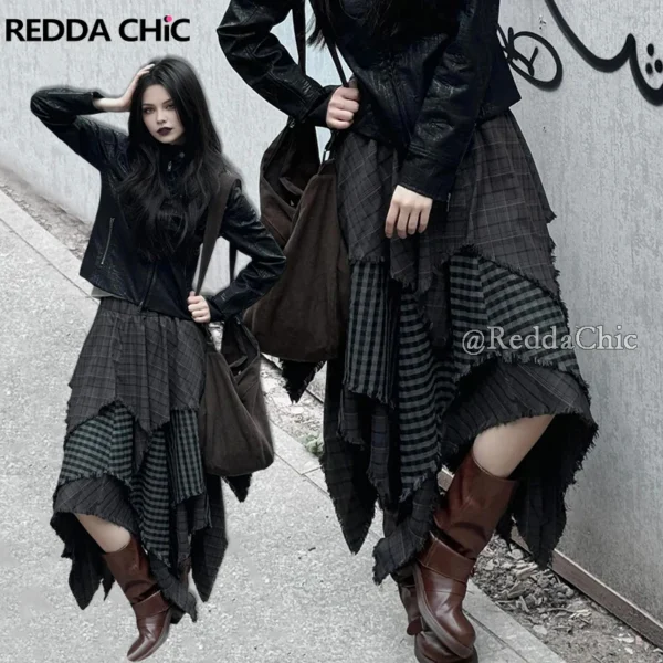 ReddaChic Alt Goth Contrast Plaid Skirt Grunge Retro Elastic Waist Raw Edge Irregular Ruffle Long Skirt Plus Size Women Clothes - Image 2