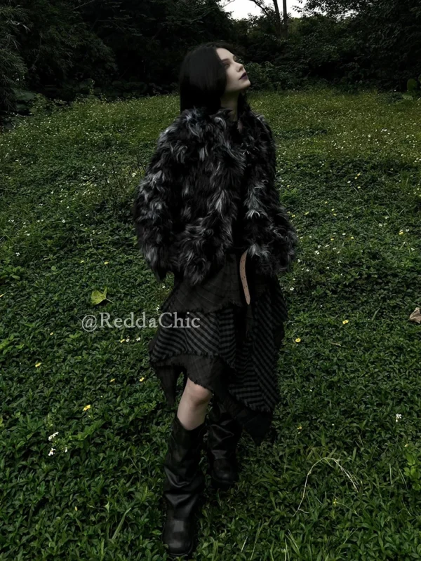 ReddaChic Alt Goth Contrast Plaid Skirt Grunge Retro Elastic Waist Raw Edge Irregular Ruffle Long Skirt Plus Size Women Clothes - Image 6