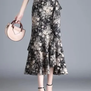 ZUZK Leopard Print Irregular Fishtail Chiffon Skirts Elegant High Waist Summer Luxury Party Skirt Female Ruffles Long Skirts