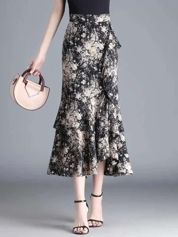 ZUZK Leopard Print Irregular Fishtail Chiffon Skirts Elegant High Waist Summer Luxury Party Skirt Female Ruffles Long Skirts