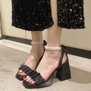 2024 New Women Sandals High Heels Casual Shoes Women's Open Toe Summer Square Female Ankle Strap Low Heels Sandals Women