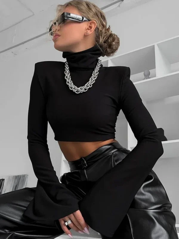 Women's Black Turtleneck Short Tops, Women Clothes, Flare, Long Sleeve, Slim Patchwork, Shoulder Pad Tshirt - Image 3