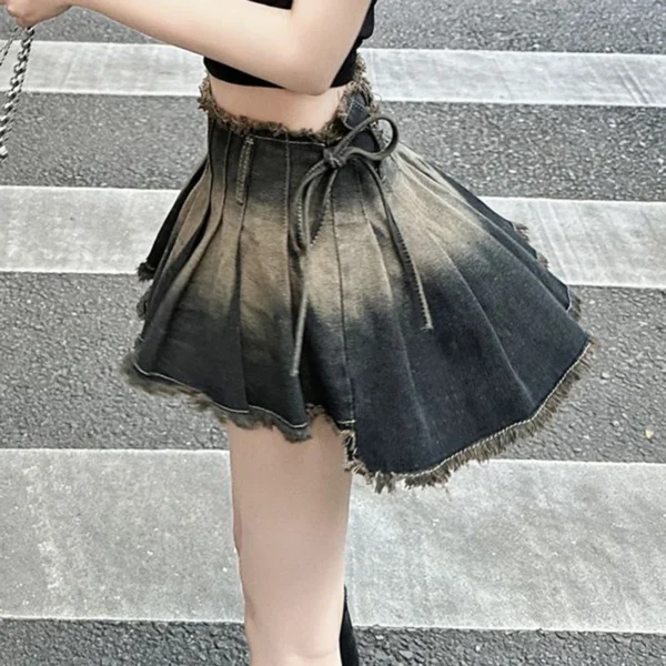 Gidyq Fashion Irregular Jeans Skirts Vintage Female Casual Tassel Mini Skirts Summer All Match Gradient Lace Up Pleated Skirts - Image 6
