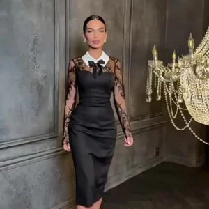 2025 Spring Women's Lapel Long Sleeved A-line Dress Fashion High Waist Wrap Hip Dress Mujer Sexy Lace Patchwork Slim Party Dress