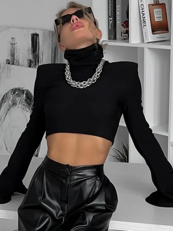 Women's Black Turtleneck Short Tops, Women Clothes, Flare, Long Sleeve, Slim Patchwork, Shoulder Pad Tshirt - Image 6