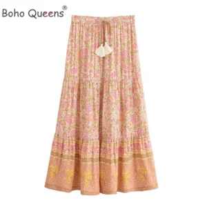 Boho Queens Vintage Women Pink Floral High Elastic Waist Vacation Beach Bohemian Skirt Ladies Maxi A-Line Boho Skirts