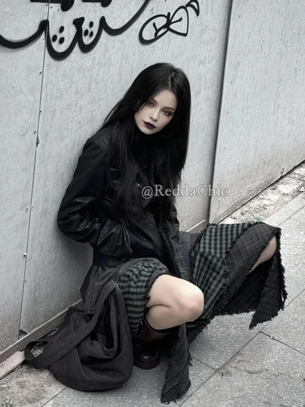 ReddaChic Alt Goth Contrast Plaid Skirt Grunge Retro Elastic Waist Raw Edge Irregular Ruffle Long Skirt Plus Size Women Clothes - Image 3