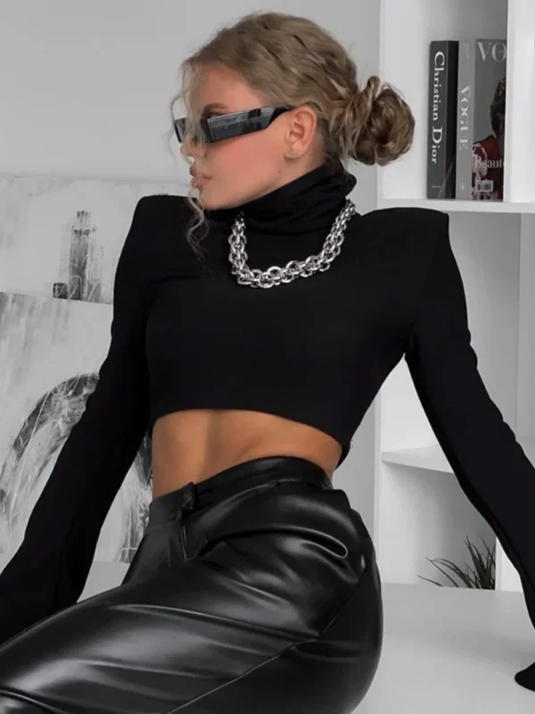 Women's Black Turtleneck Short Tops, Women Clothes, Flare, Long Sleeve, Slim Patchwork, Shoulder Pad Tshirt - Image 4