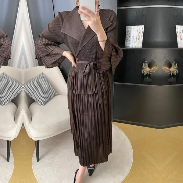 Miyake Pleated Loose Ruffle Lace Up Waist Women's Dress Fashion Polo Neck Black Robe Coat Women Clothing - Image 3
