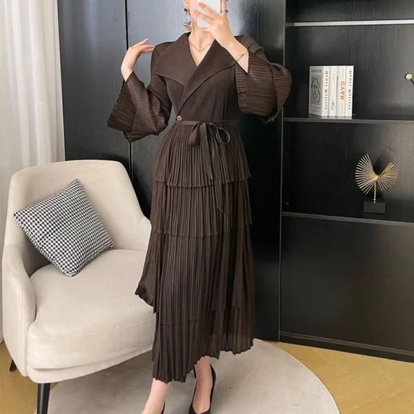 Miyake Pleated Loose Ruffle Lace Up Waist Women's Dress Fashion Polo Neck Black Robe Coat Women Clothing - Image 2